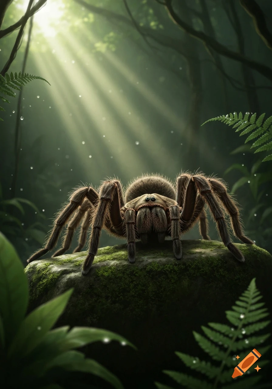 A large, hairy tarantula rests on a mossy rock in a lush, misty jungle with sunbeams, depicted in a photorealistic style.