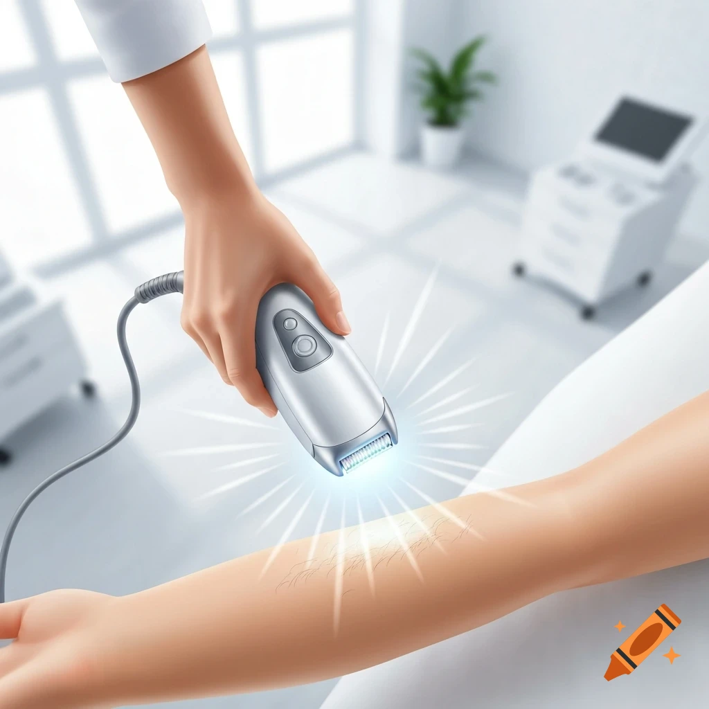 A hand holds a modern light-emitting hair removal device over an arm with fine hair, in a clean, photorealistic clinic setting.
