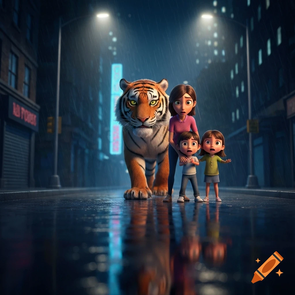 A 3D animated scene of a mother and two small children looking surprised or scared, standing next to a large tiger on a rainy city street at night.