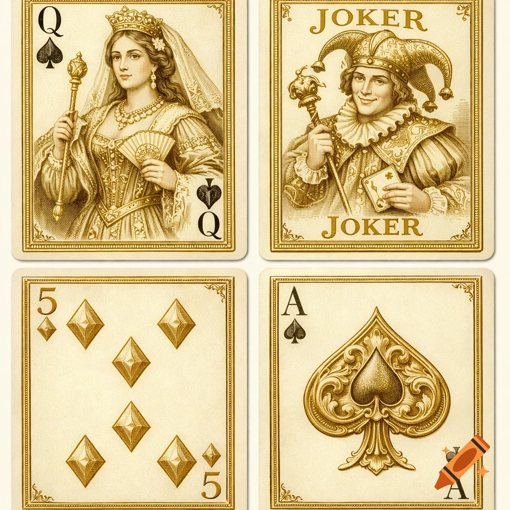 Four antique-style playing cards in sepia tones: Queen of Spades, Joker, 5 of Diamonds, and Ace of Spades, with intricate gold details.