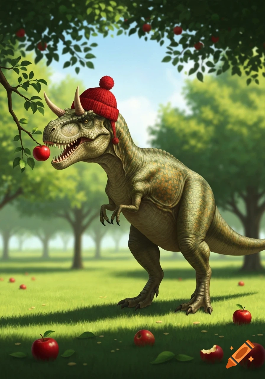 A cartoon dinosaur wearing a red beanie hat reaches for a red apple on a tree in a lush green apple orchard, with fallen apples on the grass.