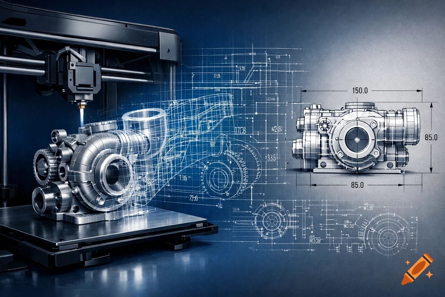 A 3D printer fabricating a metallic engine part, transitioning into a wireframe model and a technical blueprint with measurements on a blue background.