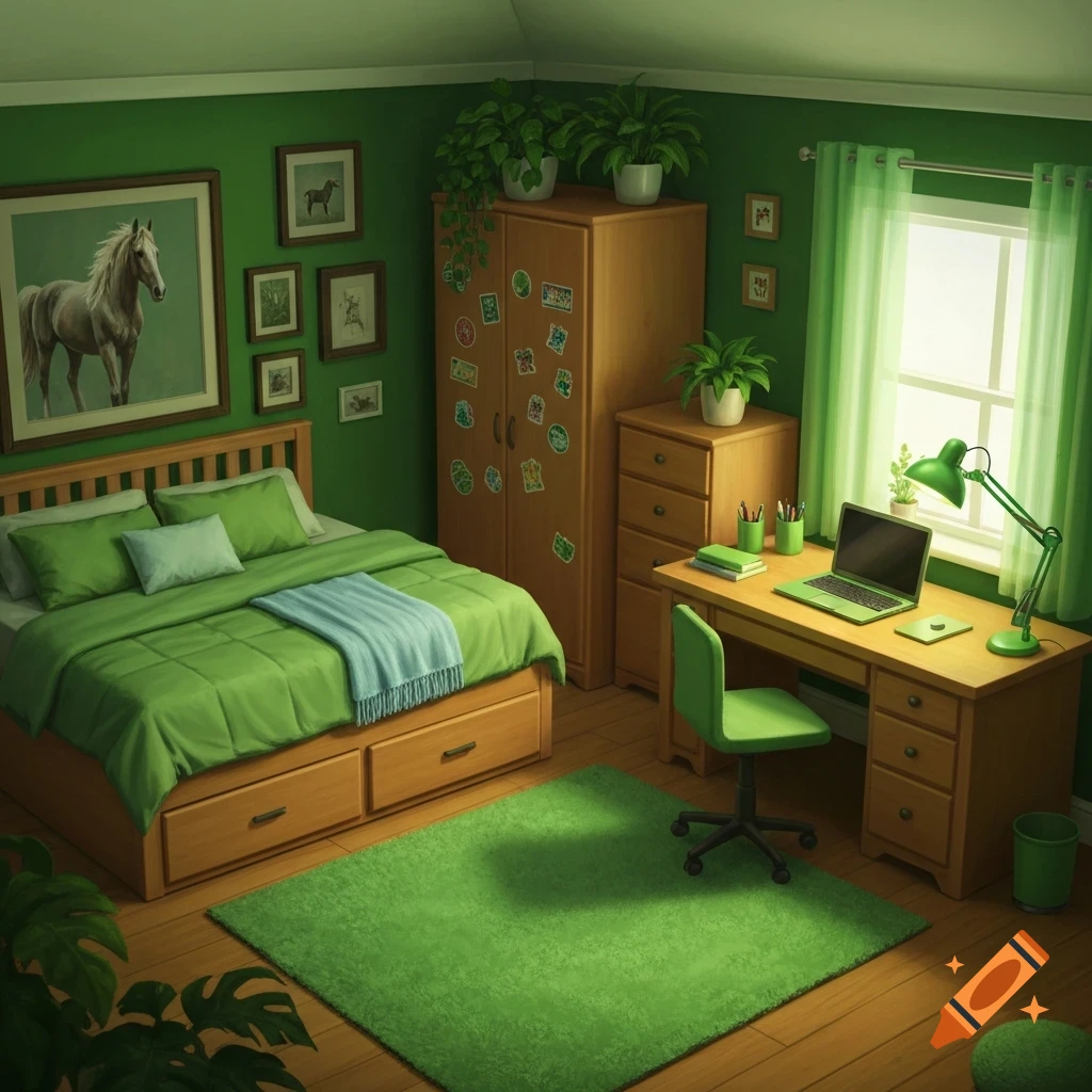 A vibrant green-themed bedroom features a wooden bed with storage, a green comforter, and a blue throw. A desk with a green laptop and lamp, a wardrobe with stickers, and numerous plants fill the room.