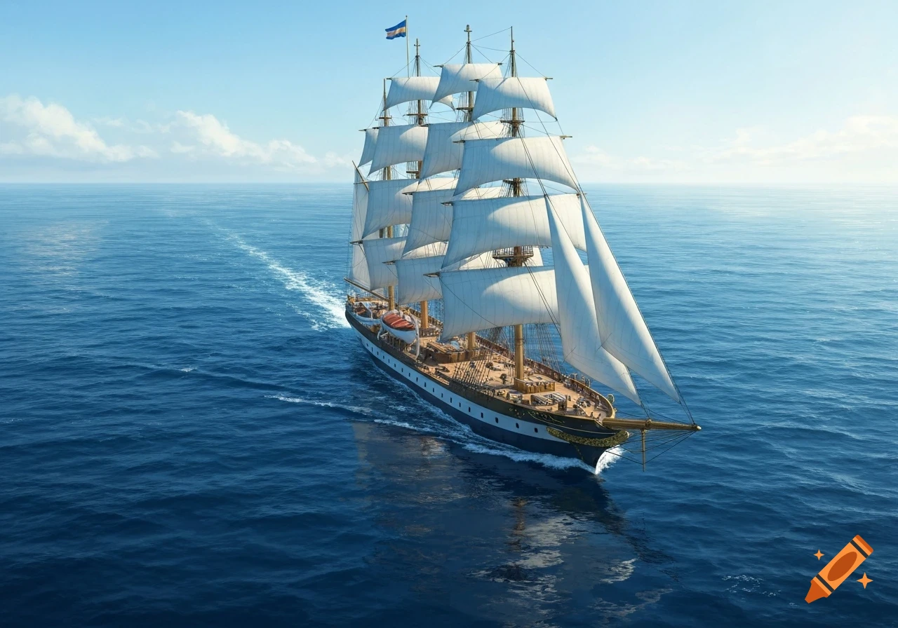A photorealistic majestic tall ship with full white sails cruises on a calm blue ocean under a clear sky.
