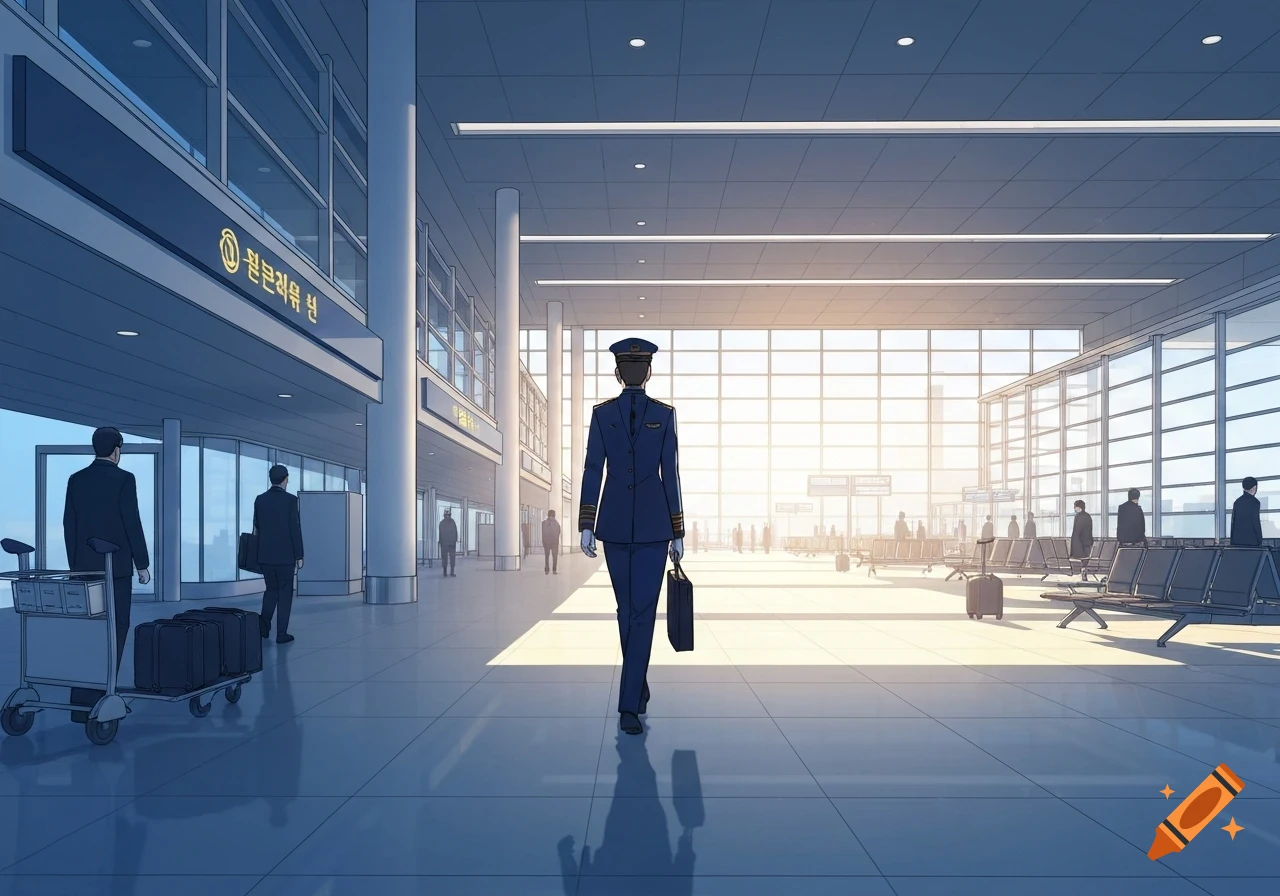 A pilot in a navy blue uniform walks through a modern, brightly lit airport terminal in a Korean webtoon style illustration.