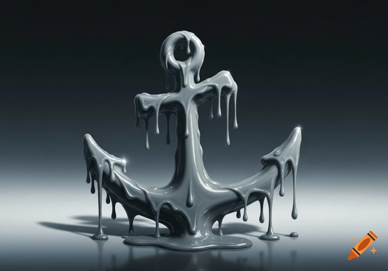 A stylized gray anchor melts, dripping liquid onto a reflective surface in a dark, moody setting.