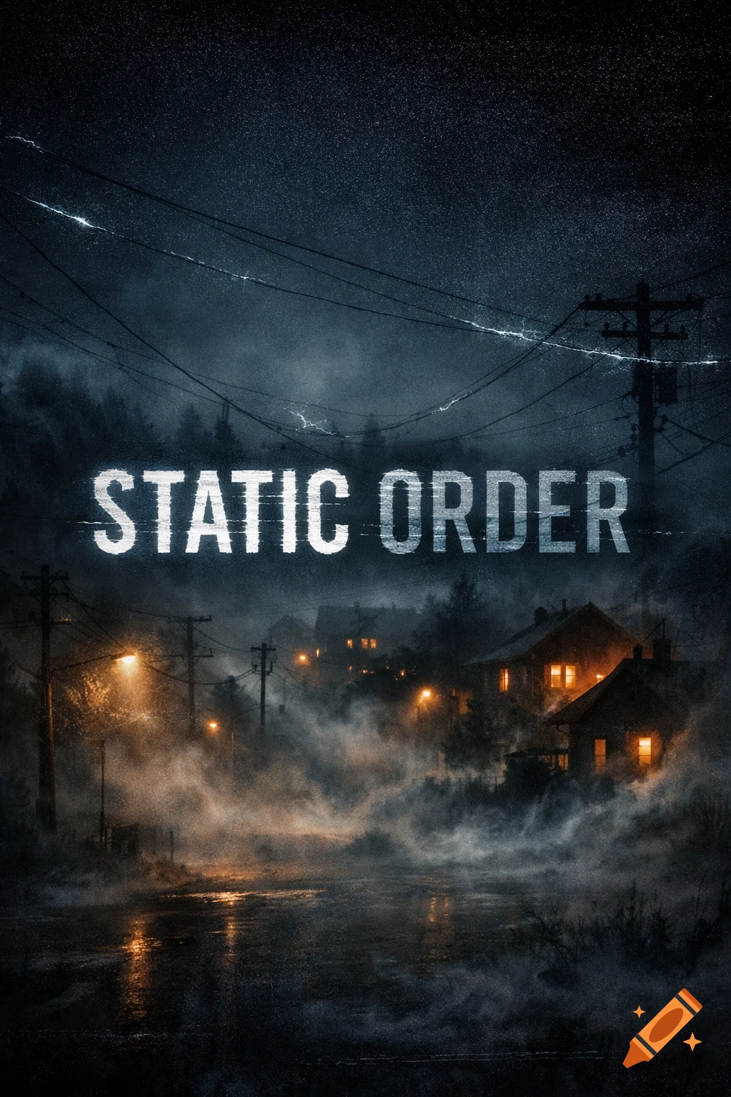 Dark, eerie cinematic poster for "Static Order" showing a foggy town at night with glowing streetlights and power lines.