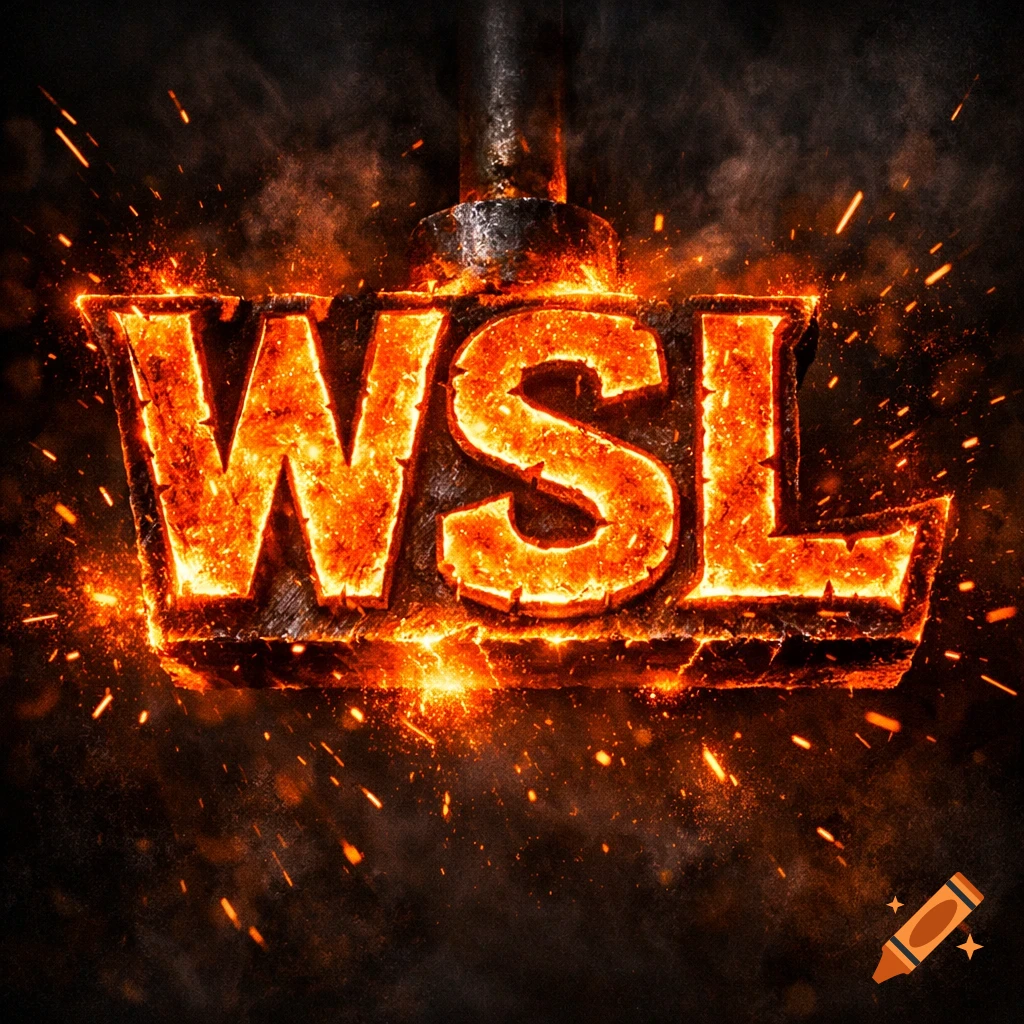 The letters WSL rendered as a glowing orange branding iron, emitting sparks and smoke against a dark background.