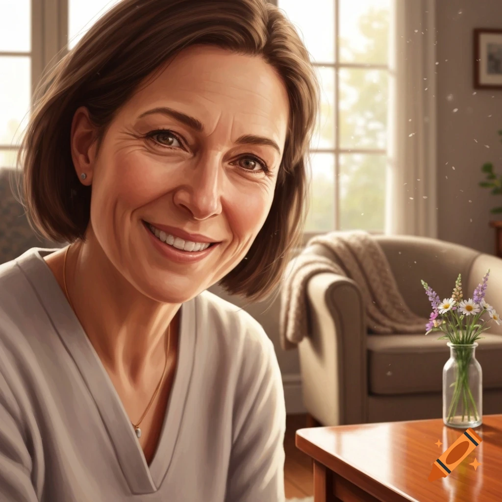 A smiling, middle-aged woman with short brown hair looks at the viewer in a bright, cozy living room.