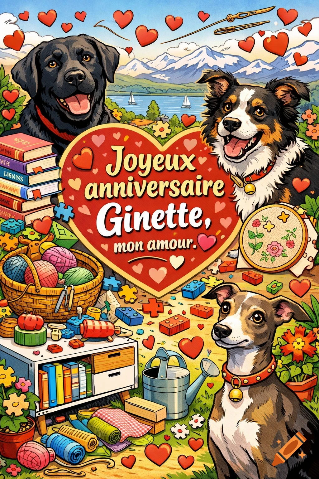 A colorful cartoon birthday card featuring three happy dogs, a large heart with "Joyeux anniversaire Ginette, mon amour," and various crafts and outdoor items with mountains in the background.