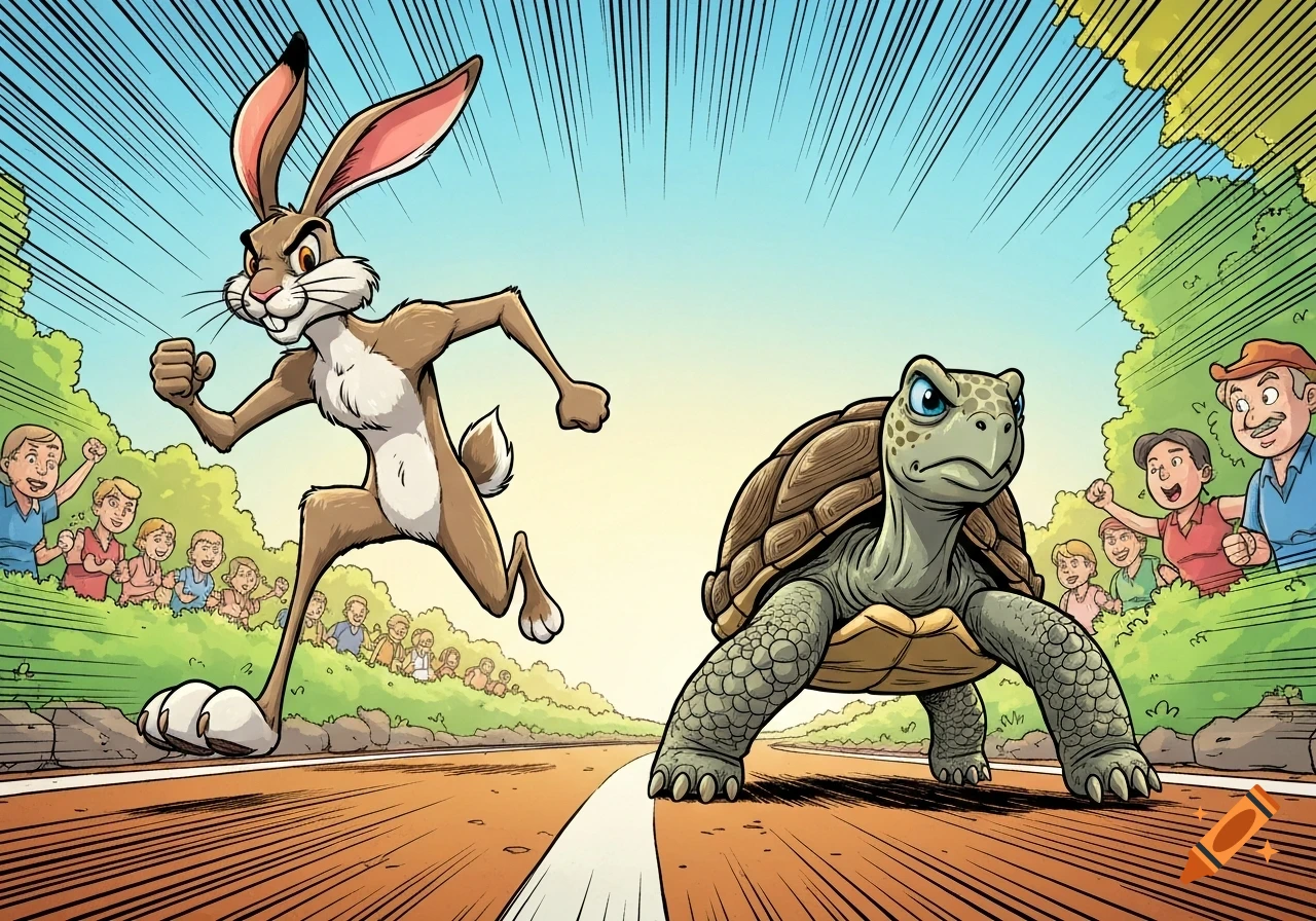 A cartoon rabbit and a determined turtle race on a track as a crowd watches in comic book style.