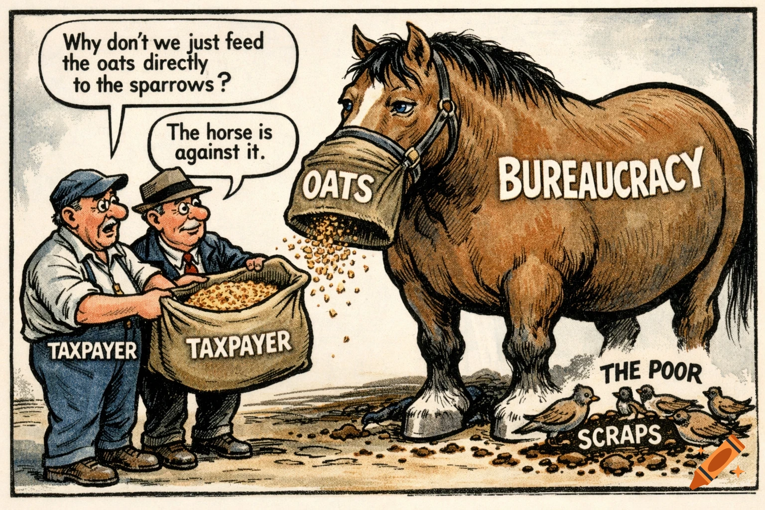 A political cartoon showing two men labeled 'TAXPAYER' feeding oats to a horse labeled 'BUREAUCRACY'. Sparrows labeled 'THE POOR' pick at 'SCRAPS' on the ground. Speech bubbles question feeding the oats directly to sparrows, with the reply 'The horse is against it.'