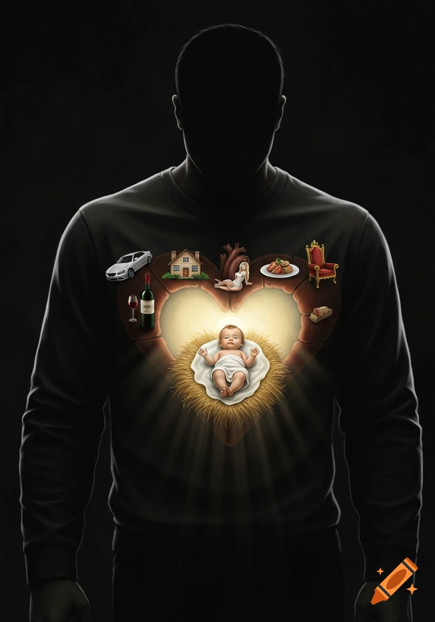 Silhouette of a man with a glowing heart on his chest, containing an infant in a manger surrounded by a car, house, wine, woman, food, and a throne.