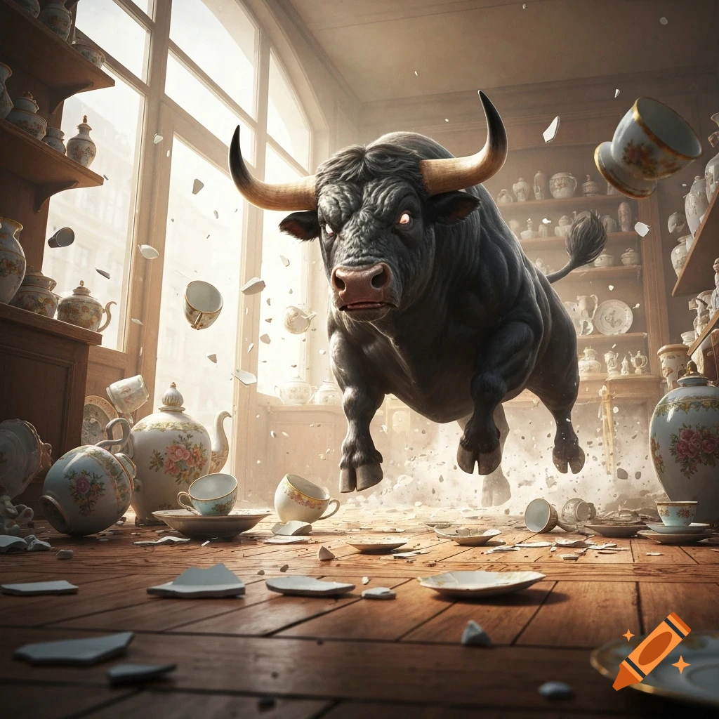 A powerful black bull with glowing red eyes leaps through a china shop, shattering porcelain teacups and pots in a photorealistic style.
