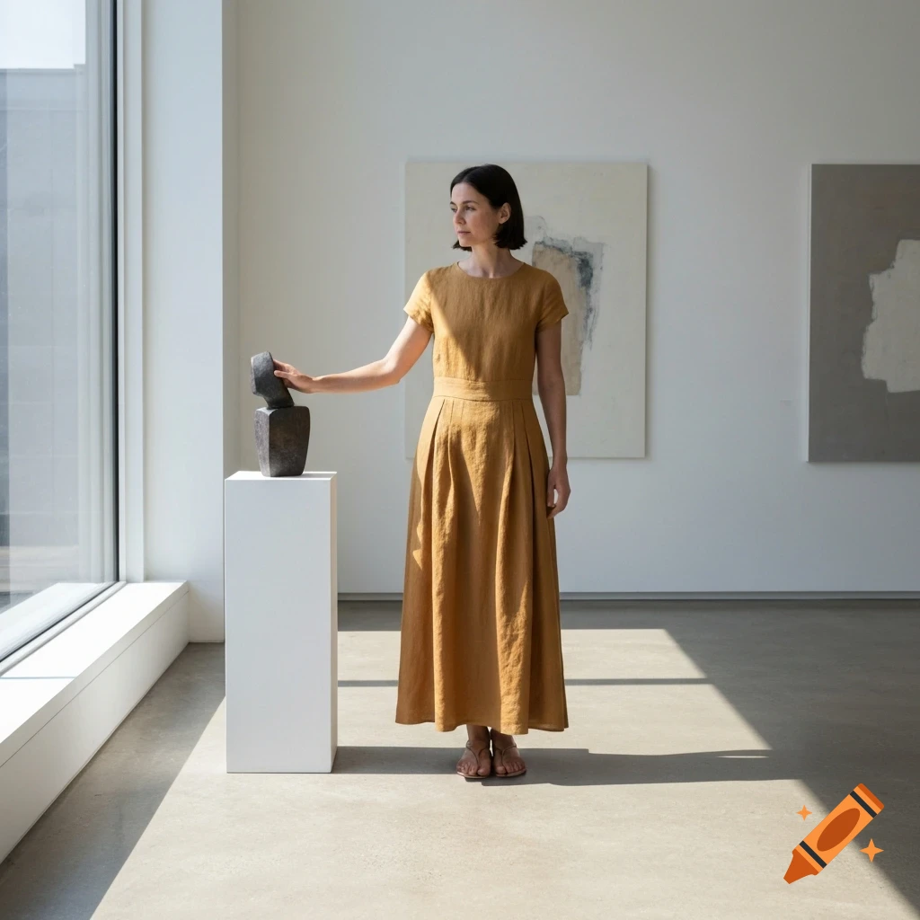 A woman in a long brown dress stands in an art gallery, touching a dark abstract sculpture on a white pedestal.