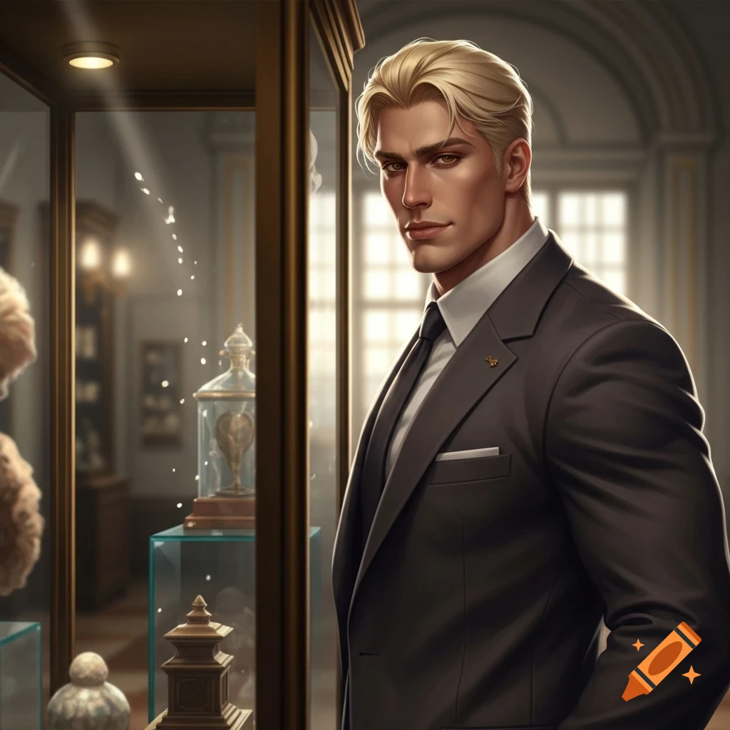 A blond man in a dark suit stands next to a glass display case in a formal room, looking forward.
