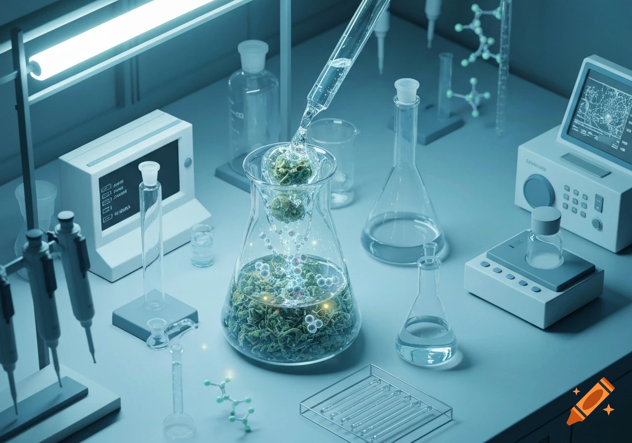 A detailed, modern laboratory scene with various glass beakers and scientific equipment, featuring a large flask with plant matter and liquid with bubbles.