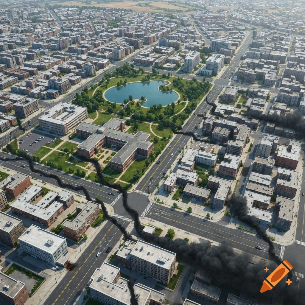 Aerial view of a city with buildings, a park, and a lake, showing cracks in roads with black smoke rising and spreading.
