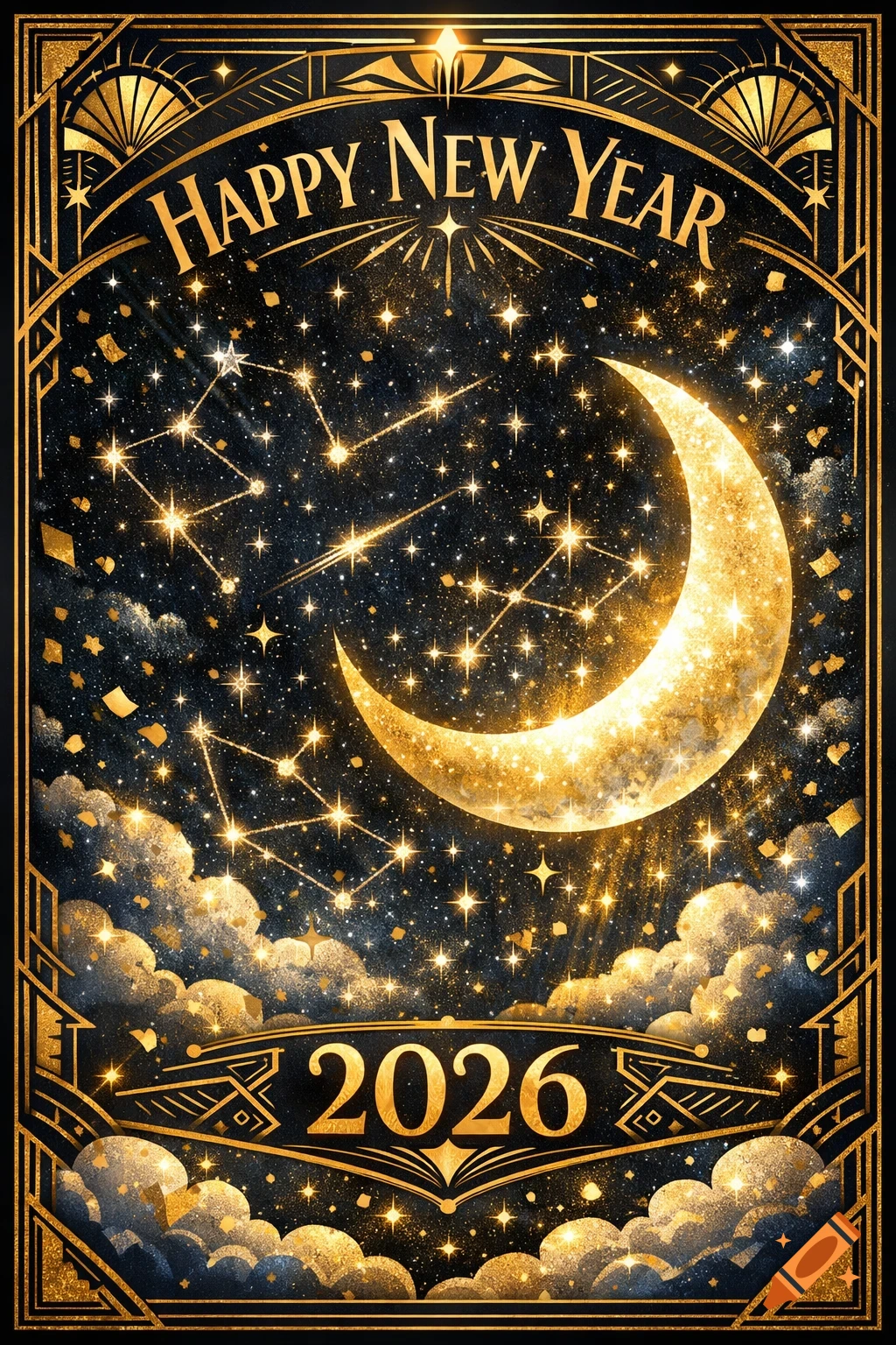 Sparkling gold and black Art Deco New Year 2026 greeting card with a crescent moon, stars, and constellations.