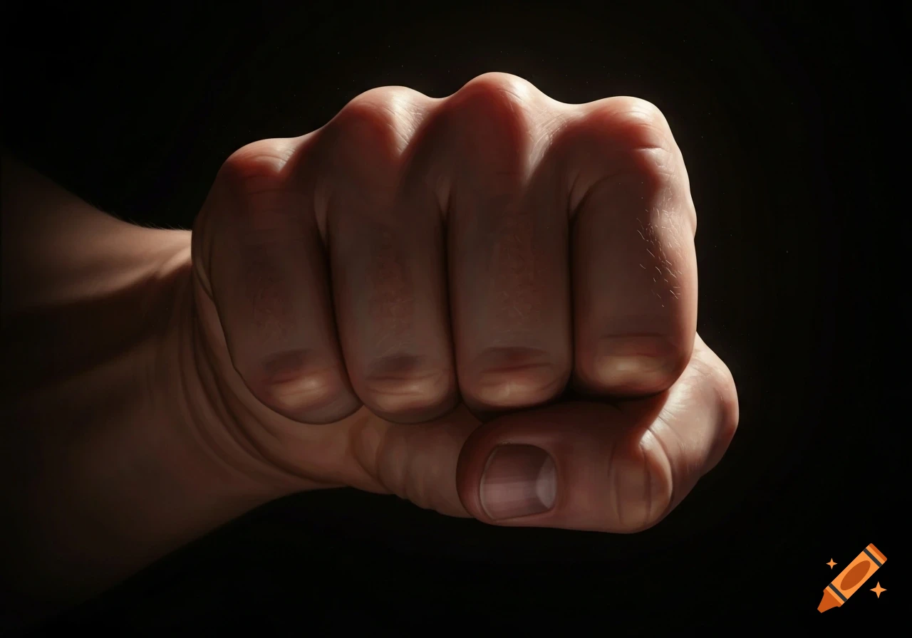 A close-up, photorealistic shot of a clenched human fist against a dark background, highlighted by strong side lighting.