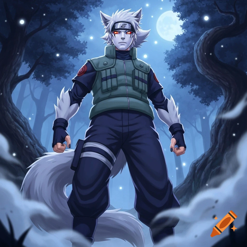 Anime illustration of a white-haired wolf-like character with red eyes and a tail, wearing a vest, standing in a dark forest under a full moon.