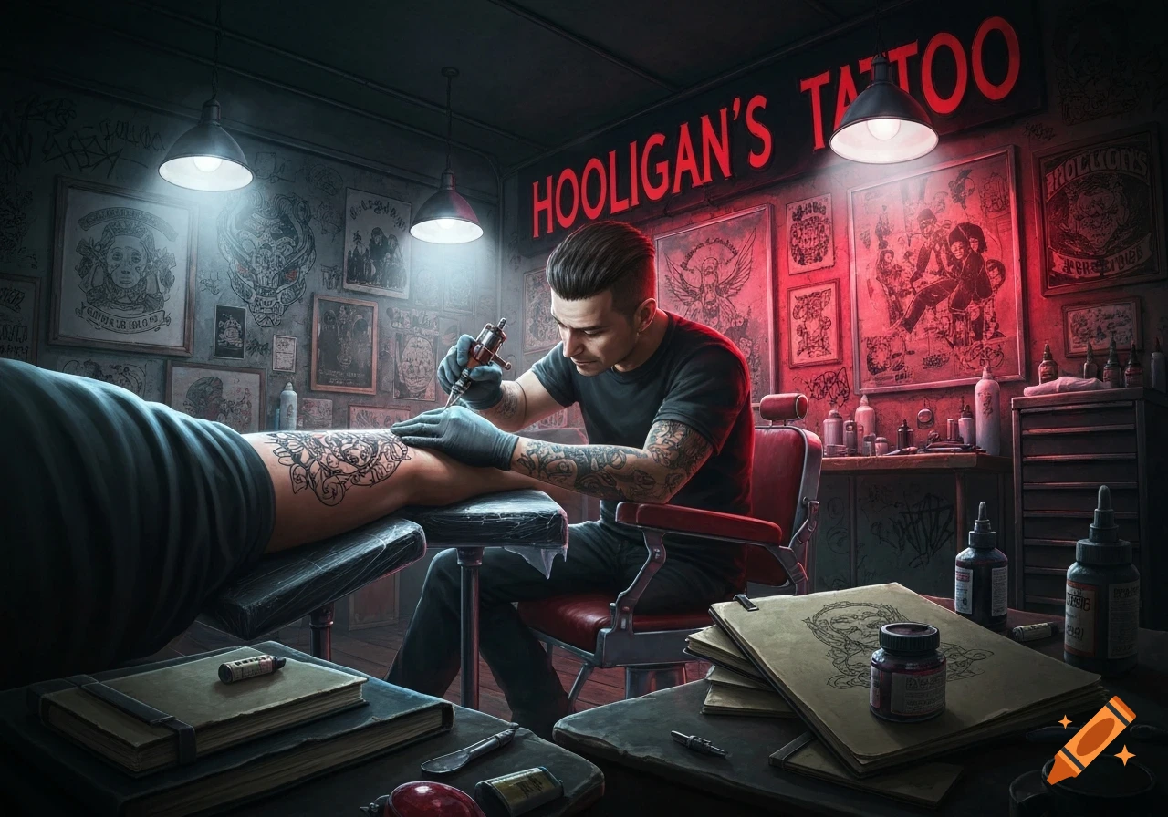 A tattoo artist inking a detailed design on a client's leg in a gritty tattoo parlor with a red 'HOOLIGAN'S TATTOO' sign.