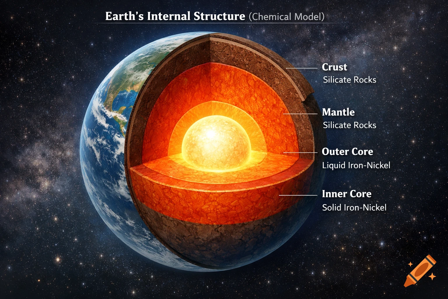 A detailed, photorealistic cutaway diagram of Earth's internal structure, showing the crust, mantle, outer core, and inner core with labels in space.