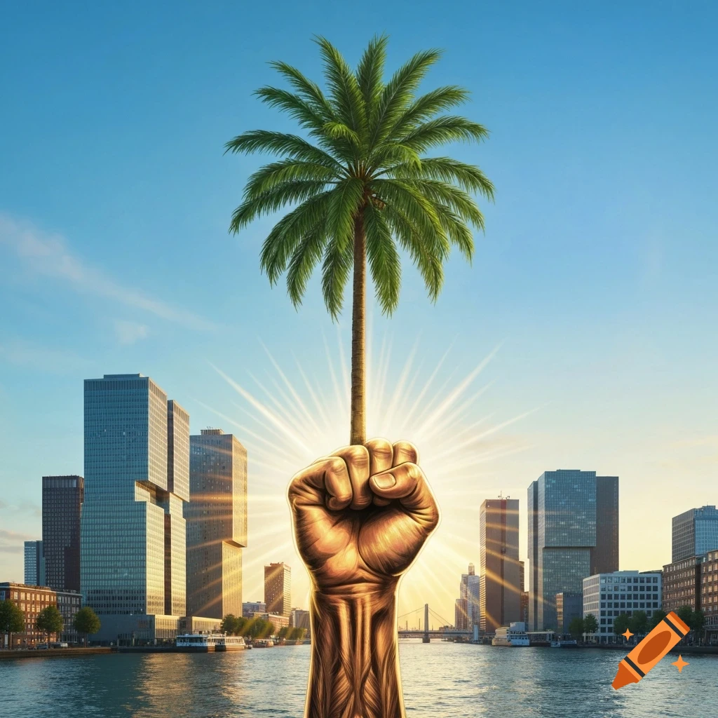 A stylized golden fist holds up a palm tree, with a bright sunburst behind it and a modern city skyline at sunset.