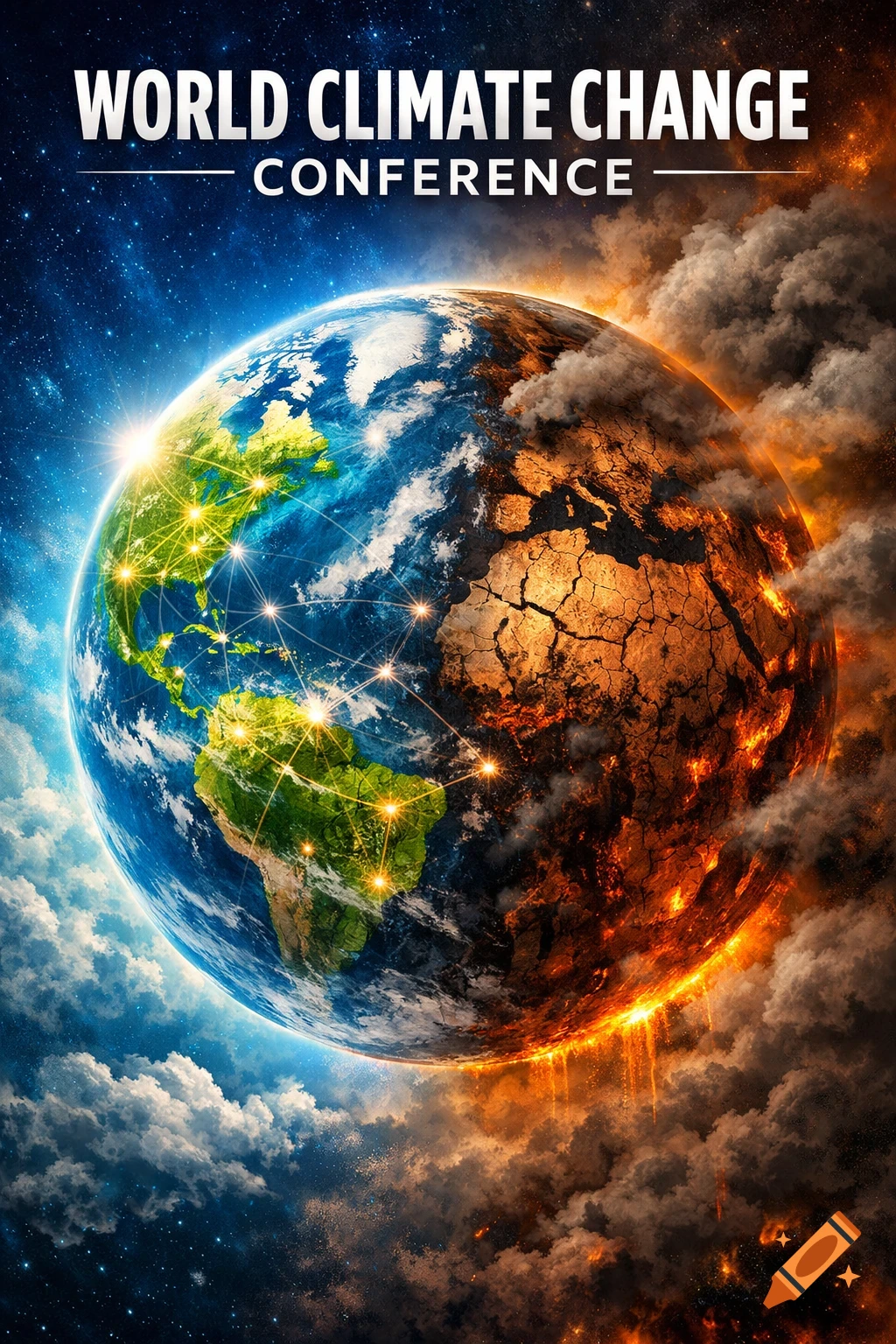 Poster for 'WORLD CLIMATE CHANGE CONFERENCE' with Earth split: one half lush green with lights, other half barren, cracked, and burning, surrounded by clouds.