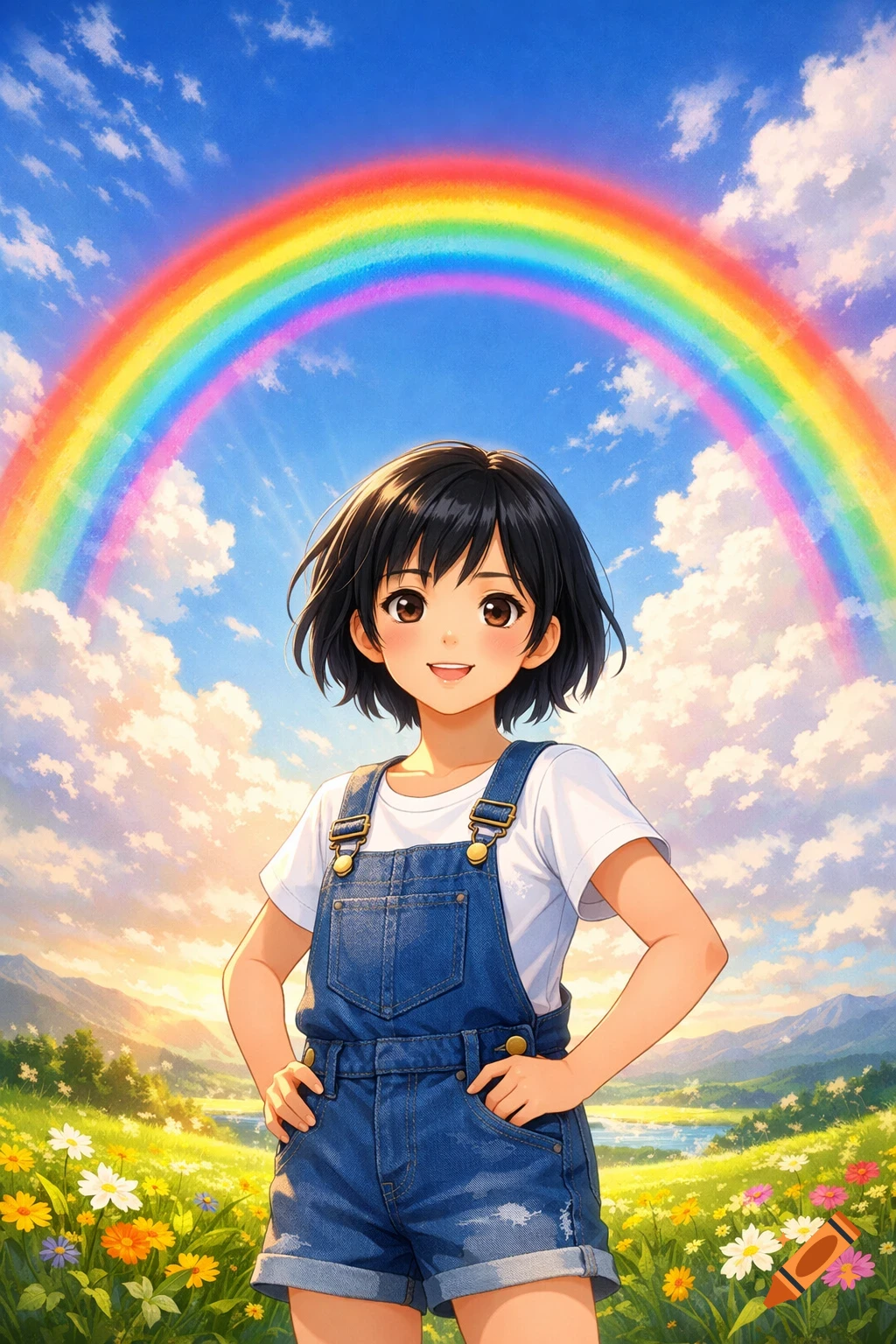 A smiling anime girl with short black hair wearing denim overalls stands in a vibrant flower field under a bright rainbow.