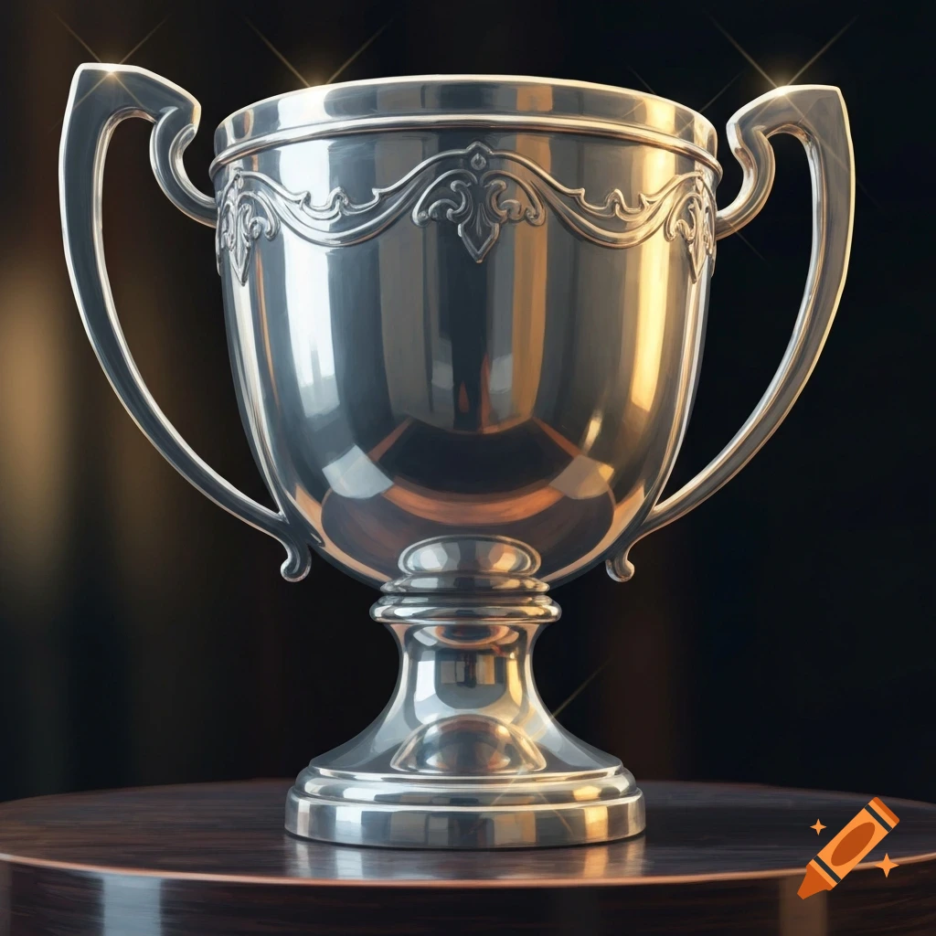 A shiny silver trophy with ornate handles and a decorative base stands on a dark wooden surface.