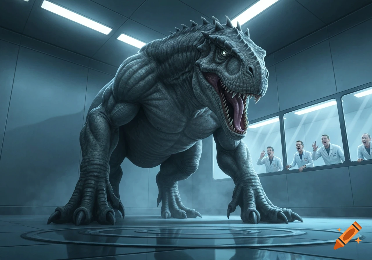 A huge, grey, muscular dinosaur-like creature stands in a futuristic laboratory as scientists watch from behind a glass.