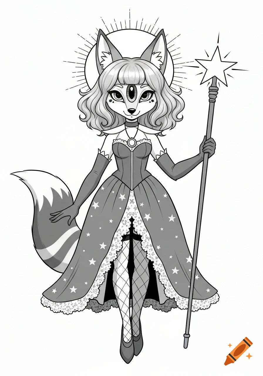 Black and white cartoon drawing of an anthropomorphic fox with three eyes, wearing a starry dress, gloves, and holding a star-topped staff, with a halo.