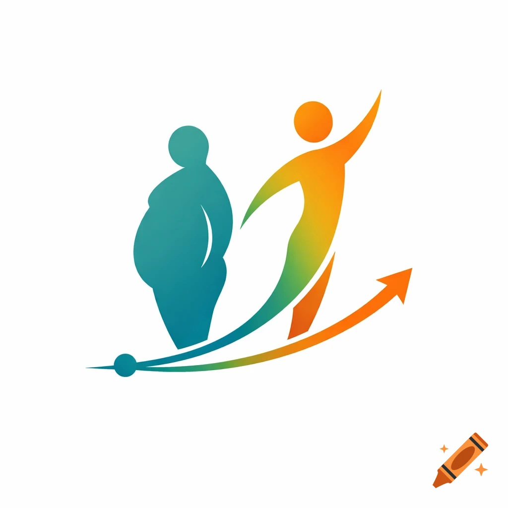 Stylized logo of a teal, overweight figure transforming into a slim, energetic orange and green figure following an upward arrow, representing a weight loss journey.