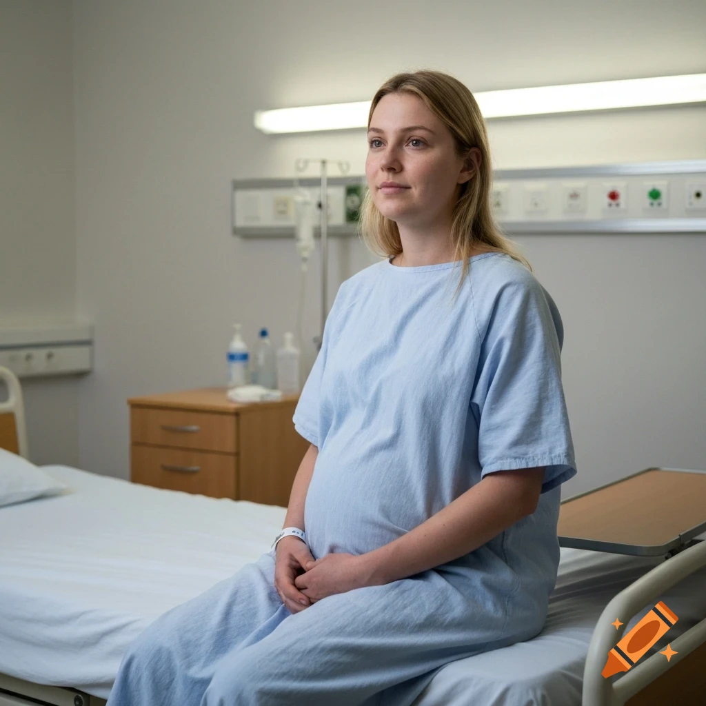 A pregnant blonde woman in a blue hospital gown sits on a hospital bed, looking thoughtfully into the distance. Photorealistic.