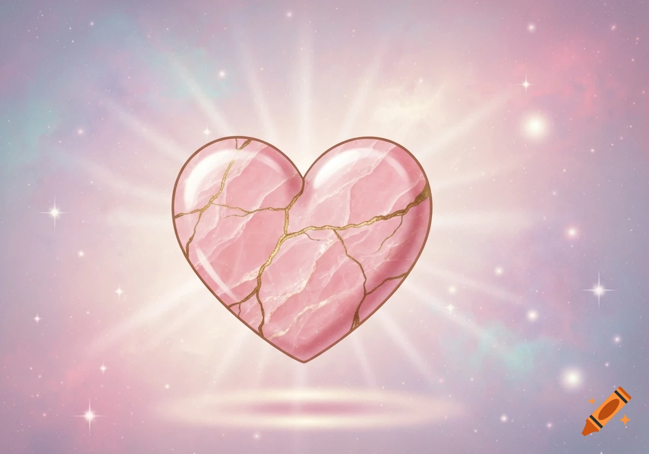 A pink heart with golden cracks glows against a sparkling purple and pink cosmic background.