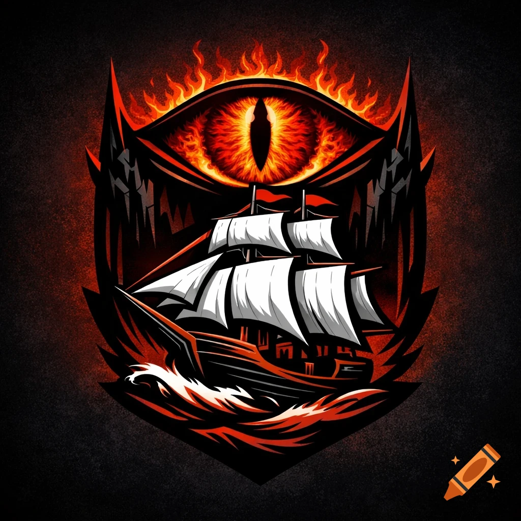 A dark, fiery emblem featuring the Eye of Sauron above a white-sailed ship on red waves in a stylized logo.