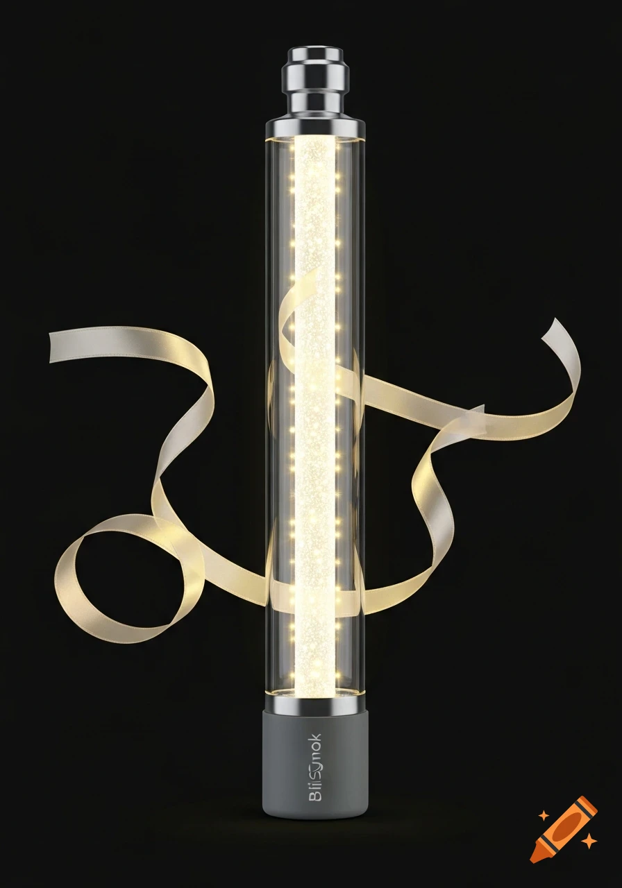 A sleek, clear glass tube LED light with sparkling warm white LEDs and a flowing champagne-colored ribbon, on a black background.