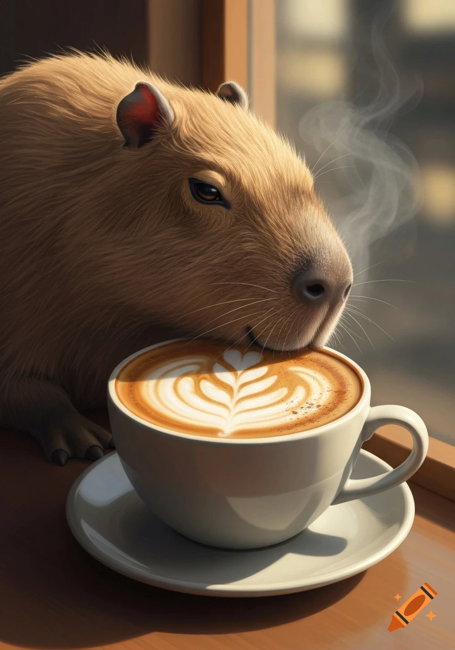 A photorealistic capybara sniffs a steaming cappuccino with a heart and leaf latte art design.