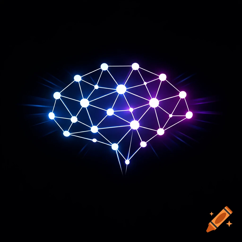 Glowing blue and purple neural network in the shape of a brain on a dark background, digital art.