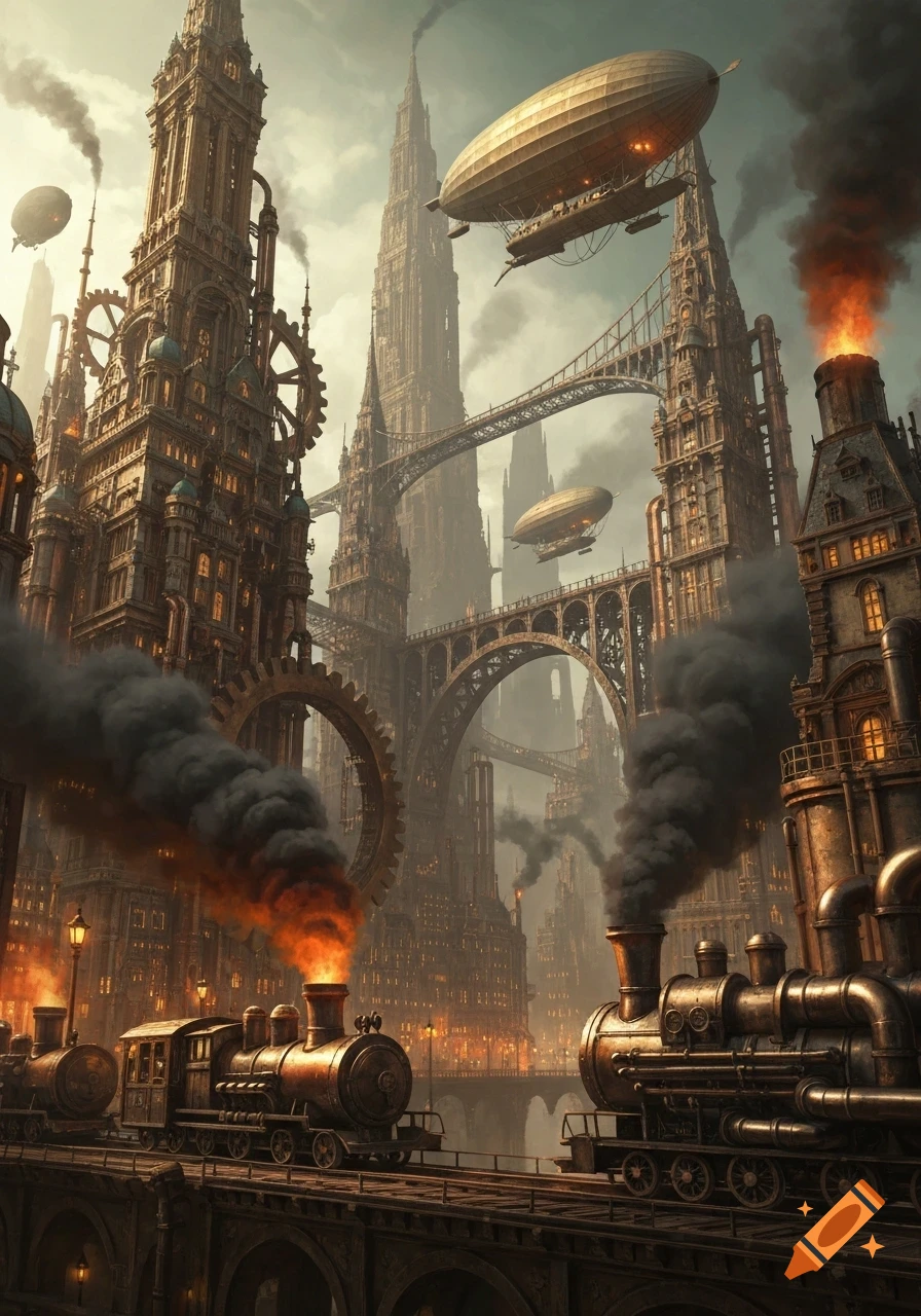 A detailed steampunk cityscape with towering brass buildings, giant ...