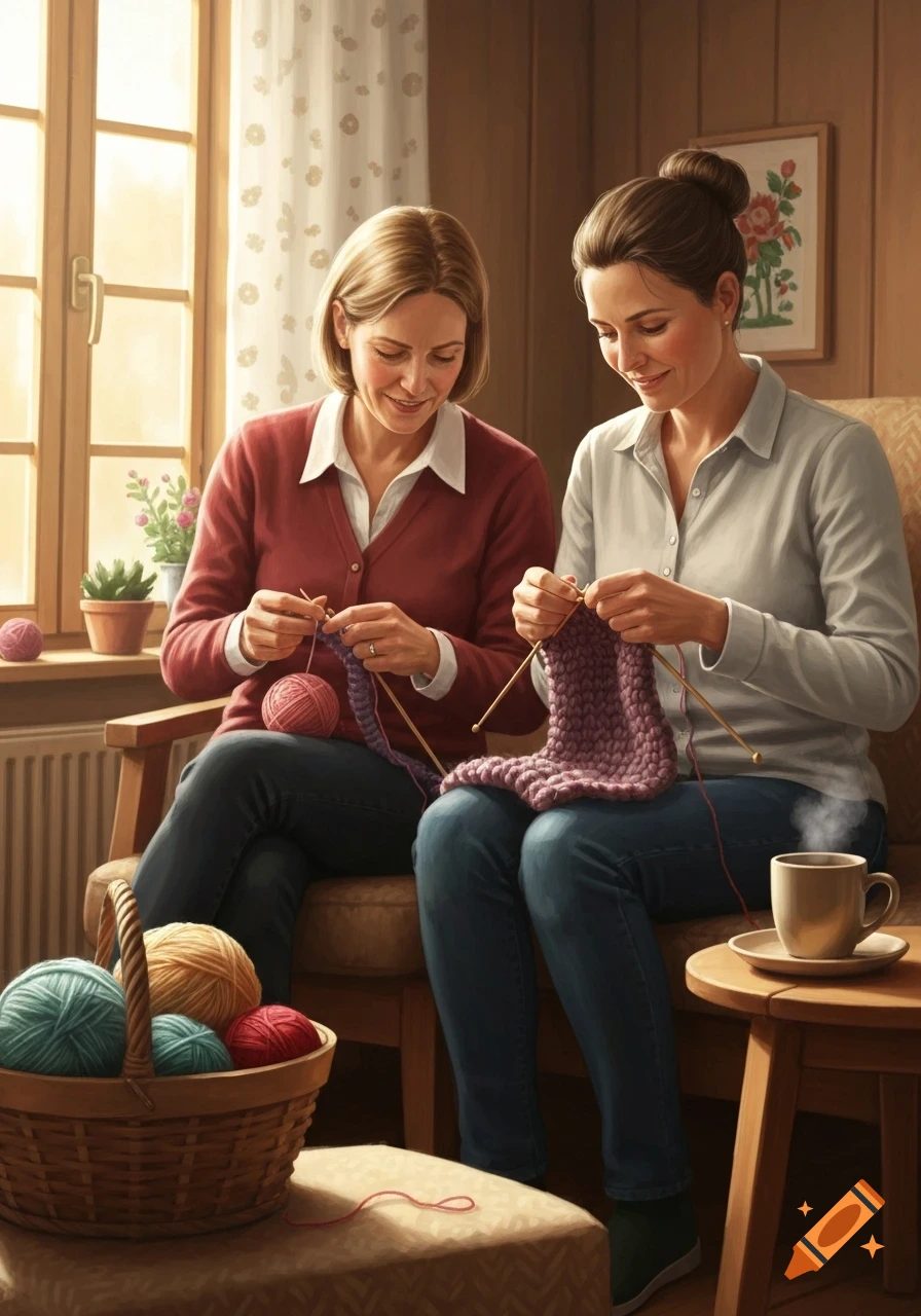Two smiling women knitting together in a sunlit room, with a basket of colorful yarn nearby.