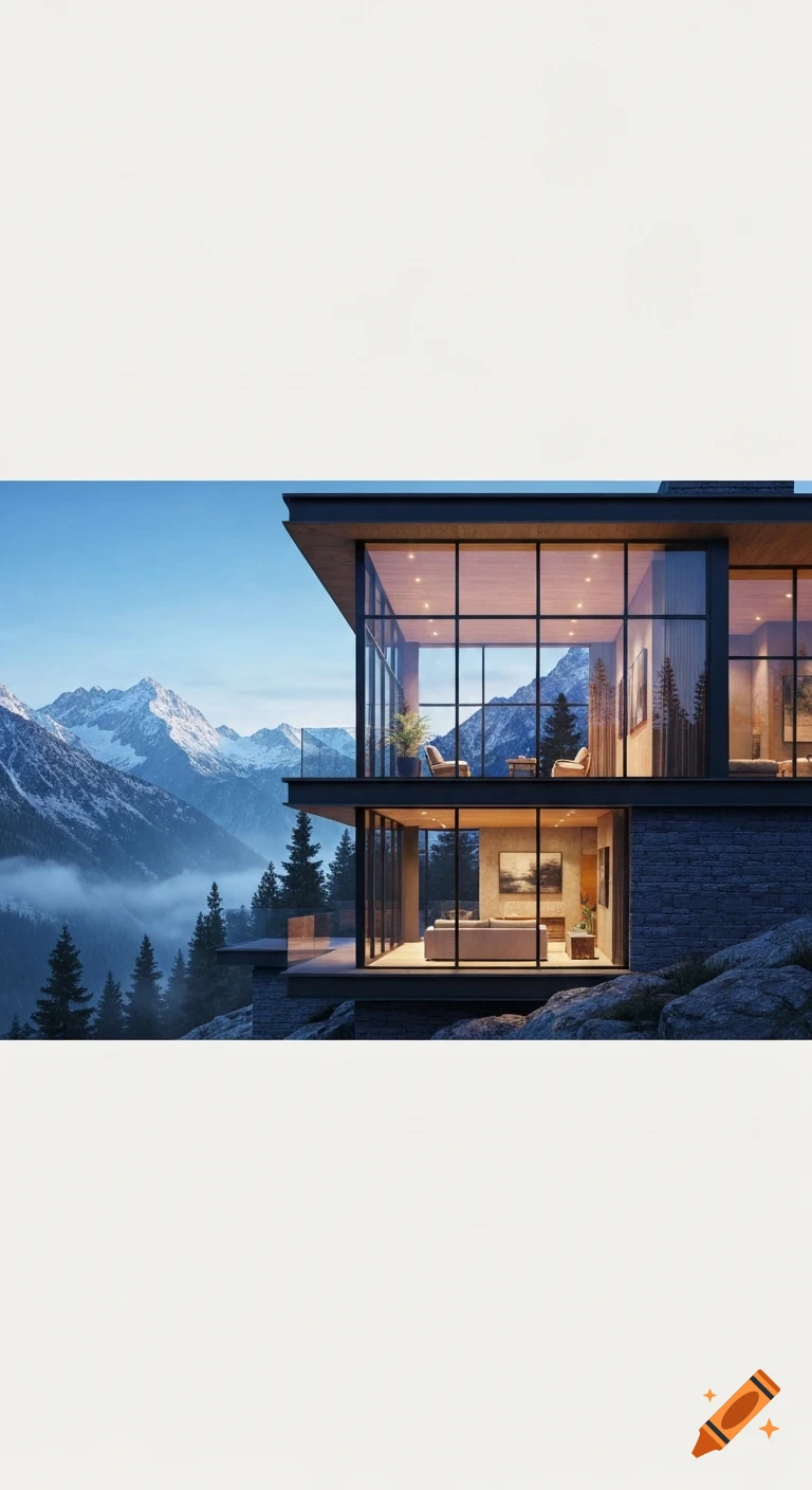A photorealistic luxury modern house with large windows nestled in a snowy mountain landscape with pine trees and fog.