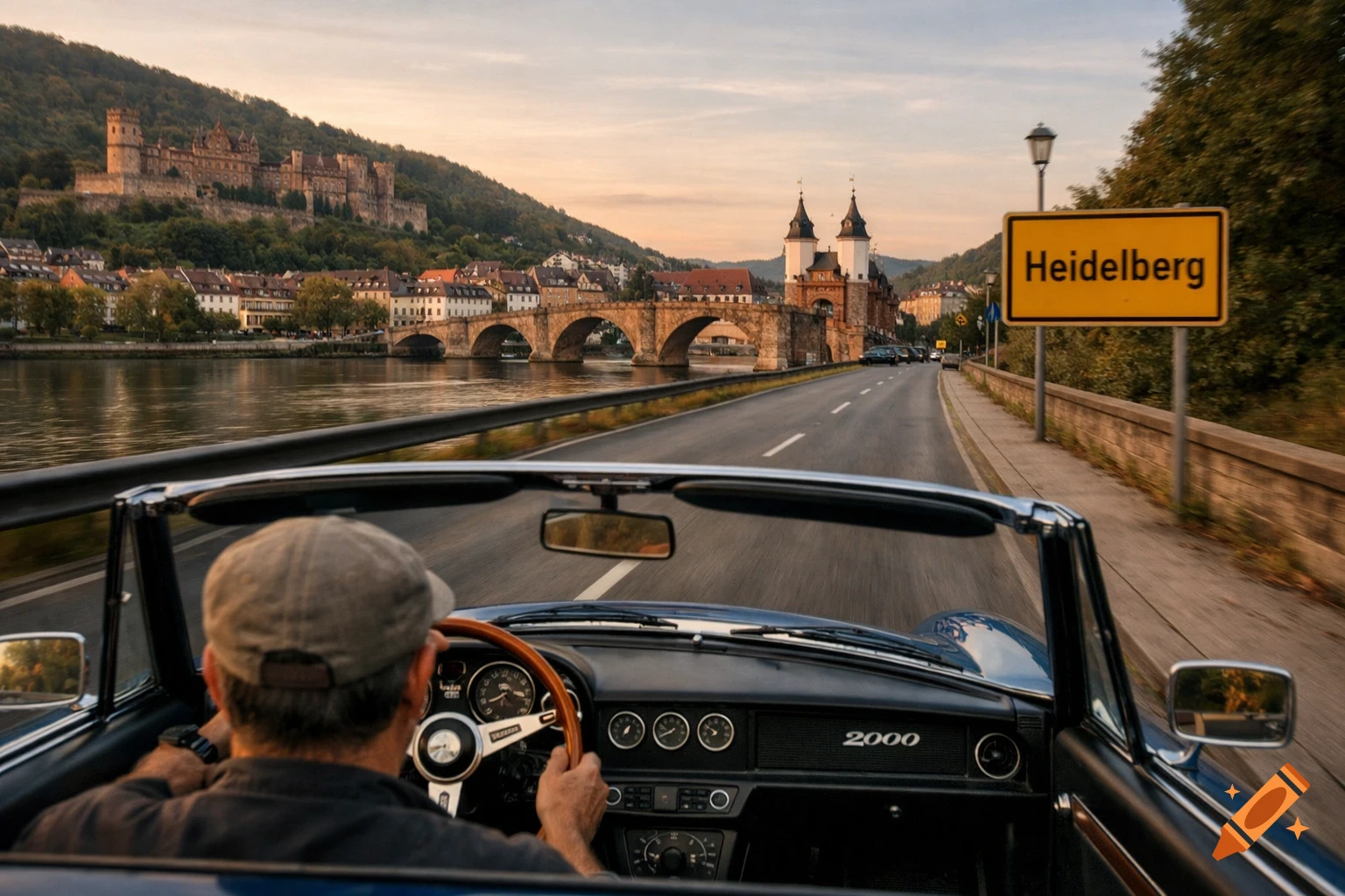 A person drives a blue classic convertible past a yellow "Heidelberg" sign on a road alongside a river, with a historic bridge, old town, and castle under a warm sunset sky.