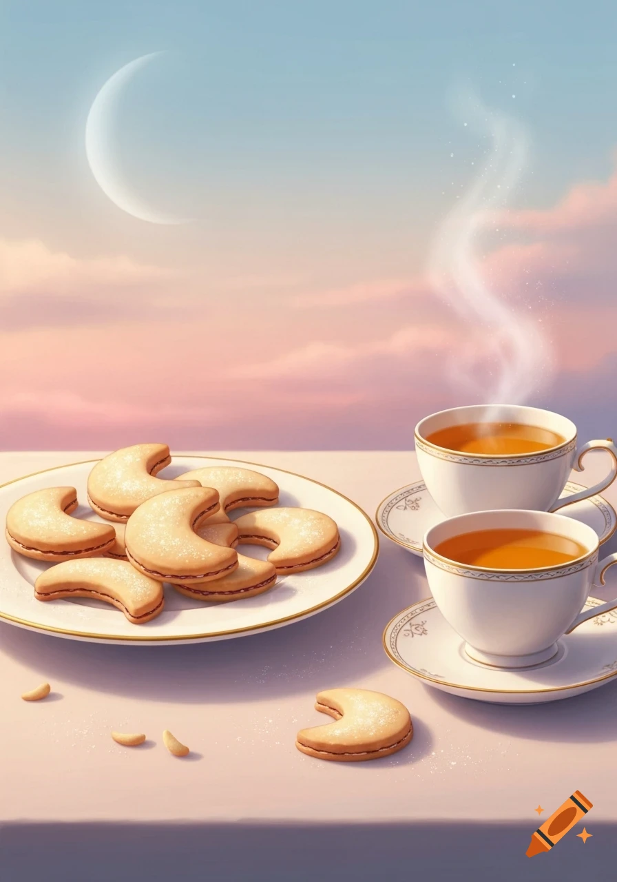 Crescent cookies and two steaming cups of tea on a table beneath a pastel sky with a crescent moon, digital art.