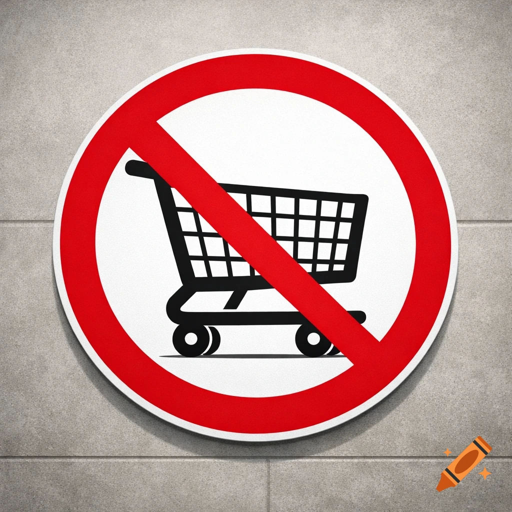 A circular sign with a red border and a diagonal red line prohibiting shopping carts, against a concrete wall.