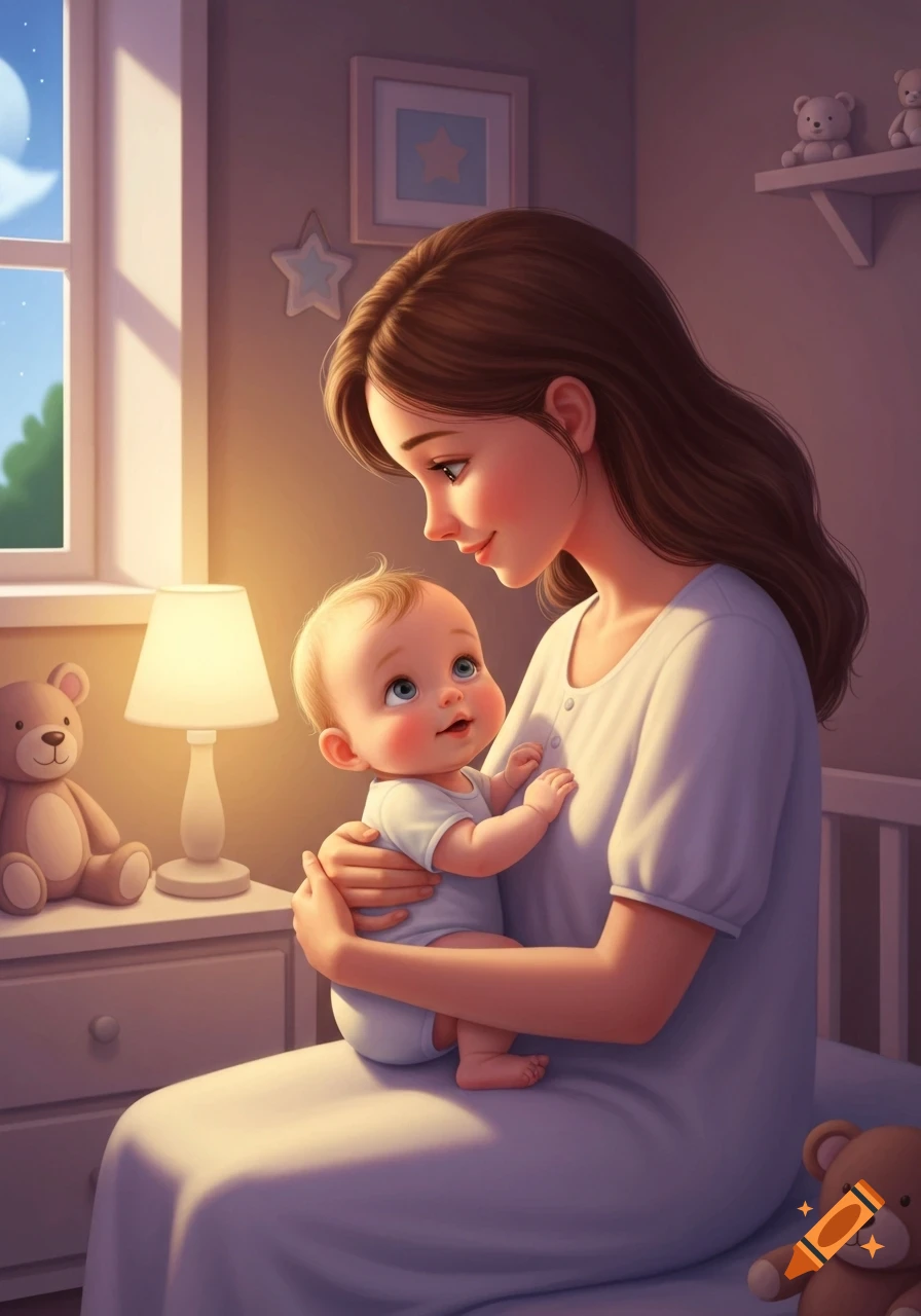 A cartoon illustration of a loving mother holding her baby in a cozy nursery at night, both smiling softly.