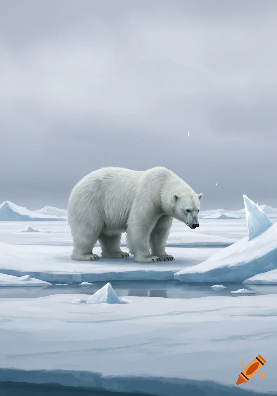 A digital illustration of a pensive polar bear standing on ice in a grey arctic landscape with melting ice and water.