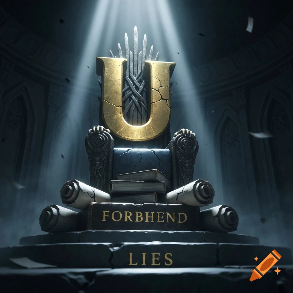 A cracked golden letter 'U' sits on a dark, imposing throne made of swords, with books and scrolls below it, and the words 'FORBHEND LIES' on the steps, illuminated by dramatic light.