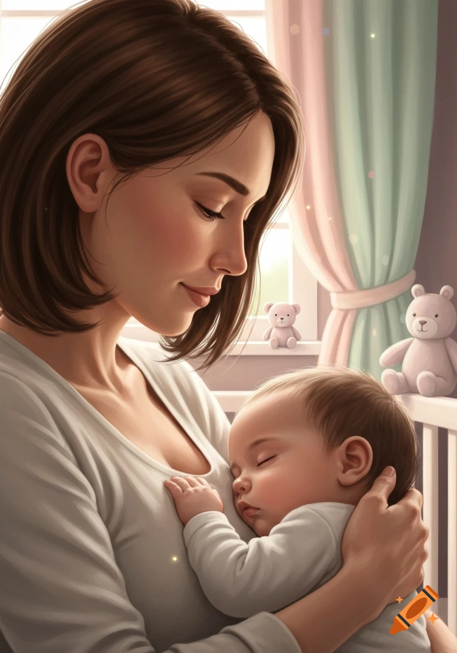 A brown-haired woman gently holds a sleeping baby in a warm nursery with soft light.
